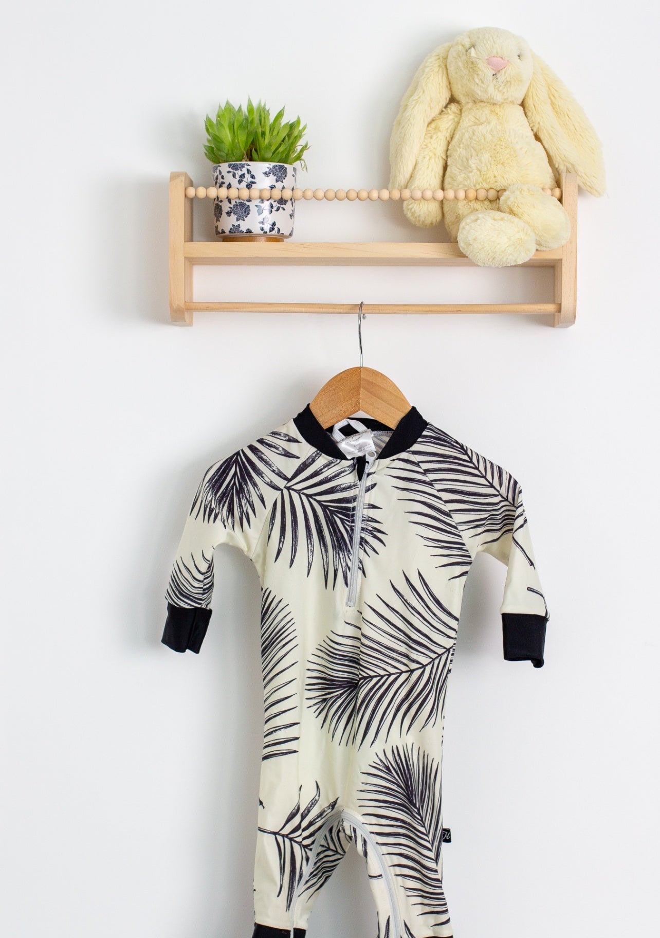 Honeysuckle Swim Company 6-12M Beige with black leaf pattern Sun Suit - Whimsy