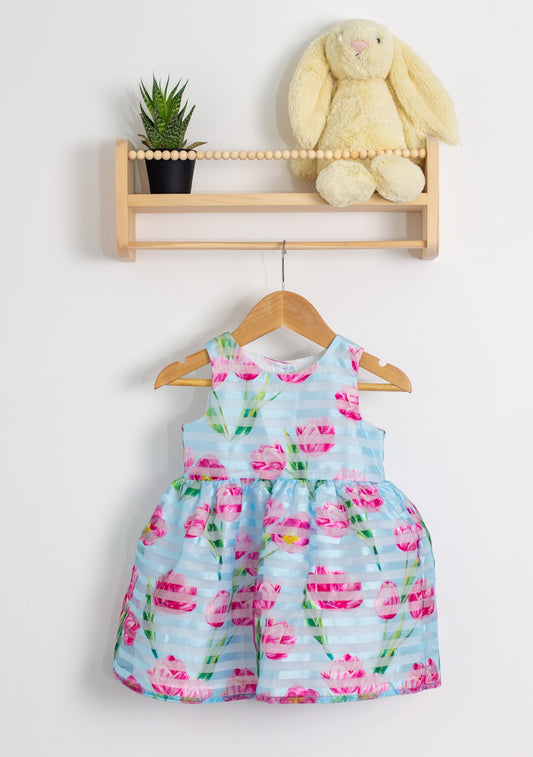 George 12-18M Light blue with pink floral pattern spring dress