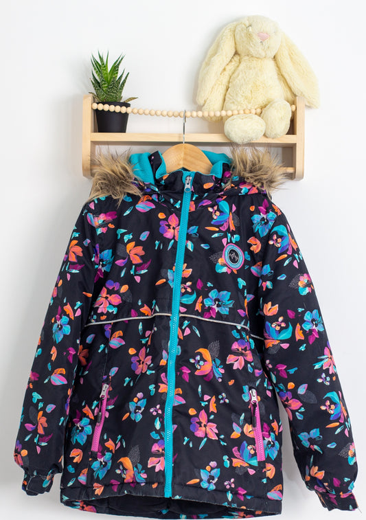 Peluche Tartine M Black with multicolored floral pattern faux fur Trim Winter Jacket