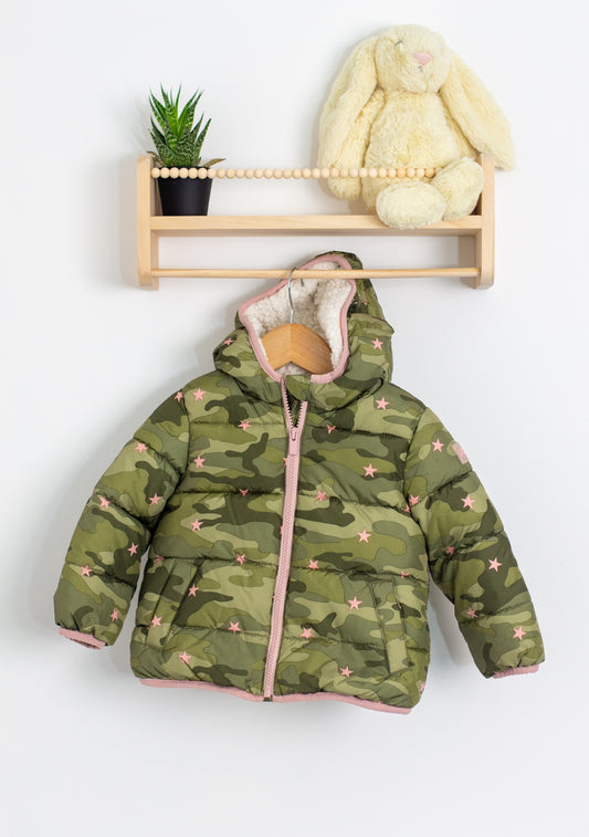 Juicy Green with pink accents and stars Puffer Jacket