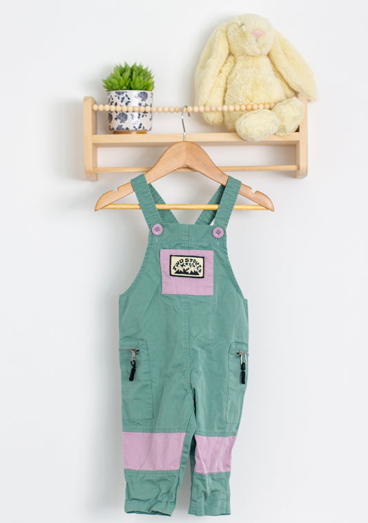 Two Stoked Kids 12-18M Mint green with pink accents Overalls