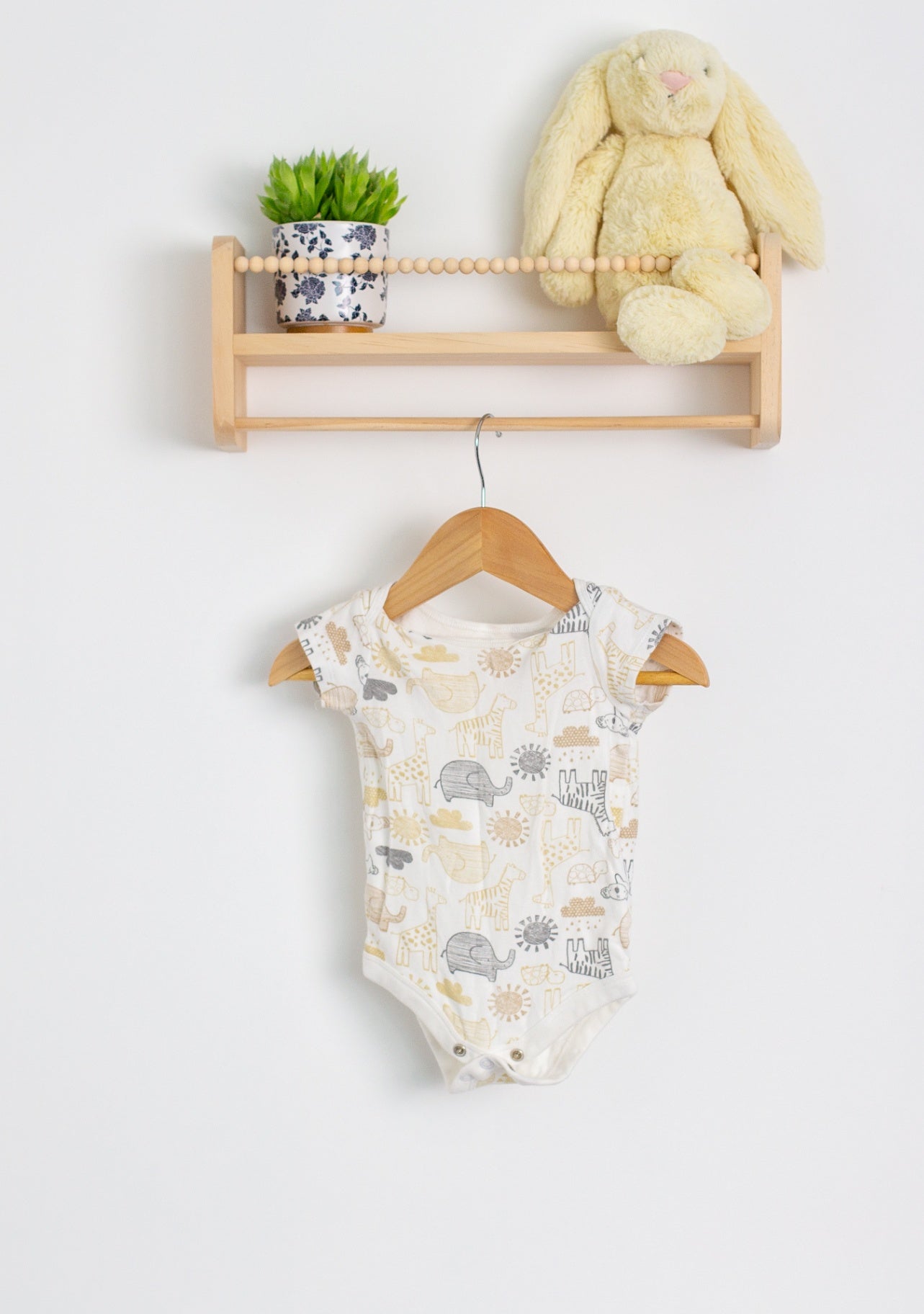 George 3-6M White with beige, gray, and yellow animal print Onesie