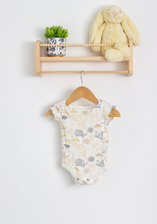 George 3-6M White with beige, gray, and yellow animal print Onesie