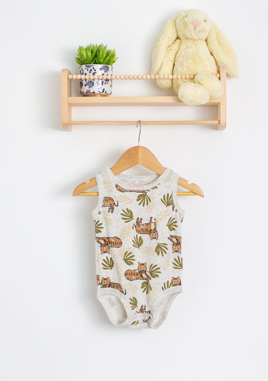 Carters 12M Light background with tiger and leaf print in orange, green, and beige tank