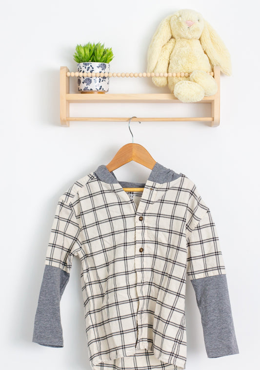 Carters 7 Beige with black checkered pattern and grey sleeves hooded long sleeve