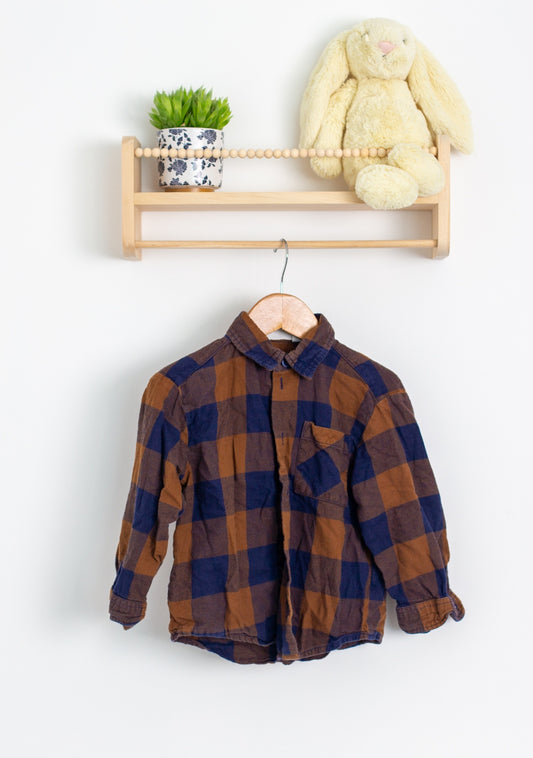 H&M 4T Brown and Navy Blue Plaid Shirt