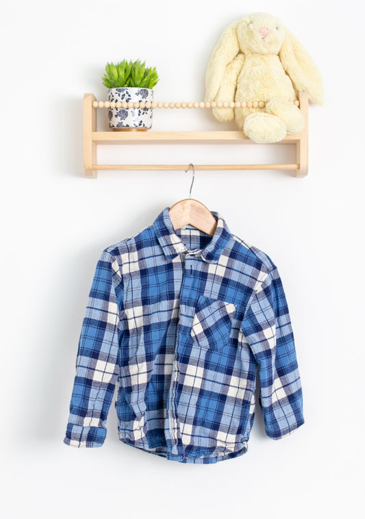 H&M 5T Blue and white plaid Fleece Button Up