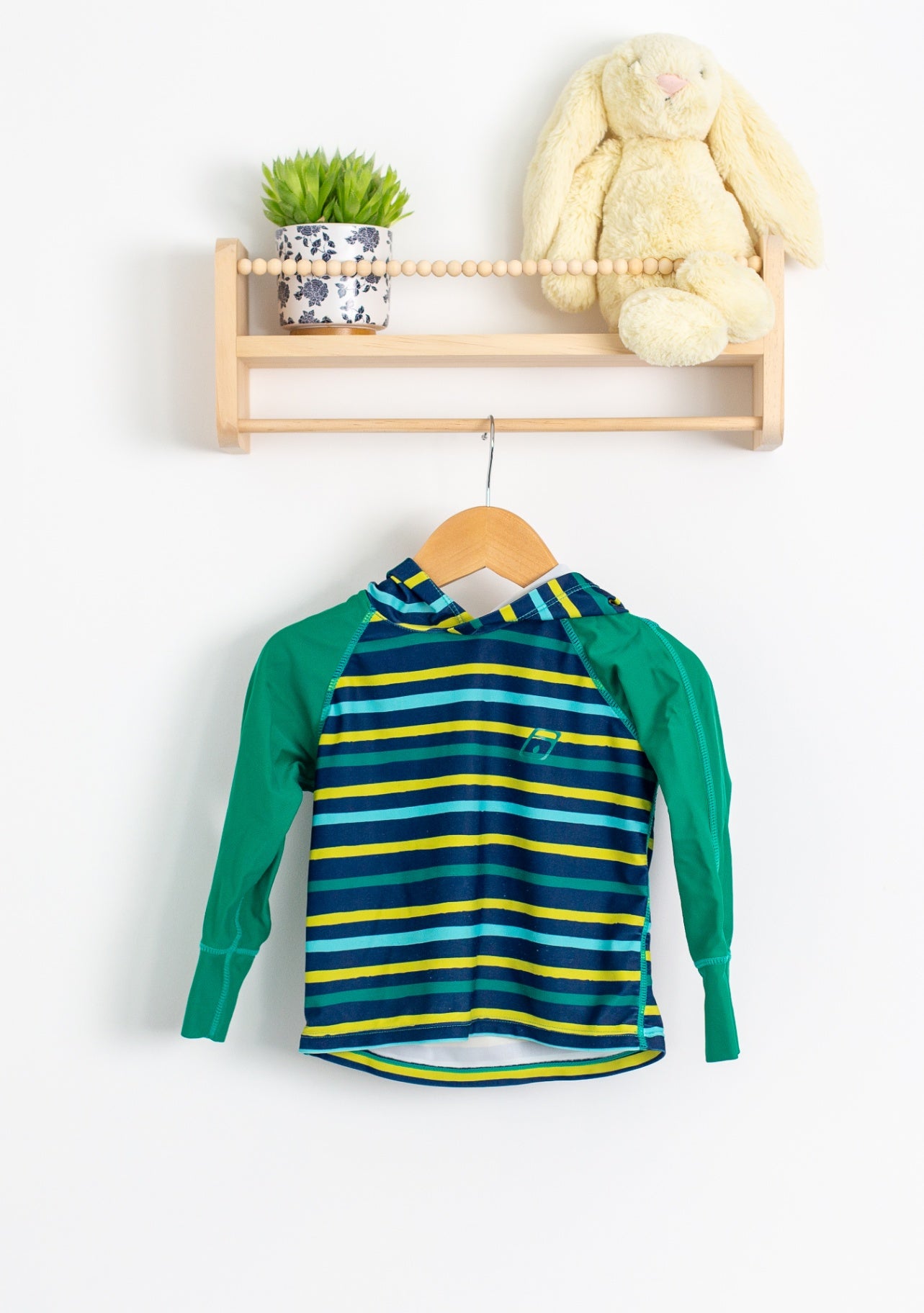 Level Six 3 Blue and yellow striped with green sleeves Hooded Rash Guard