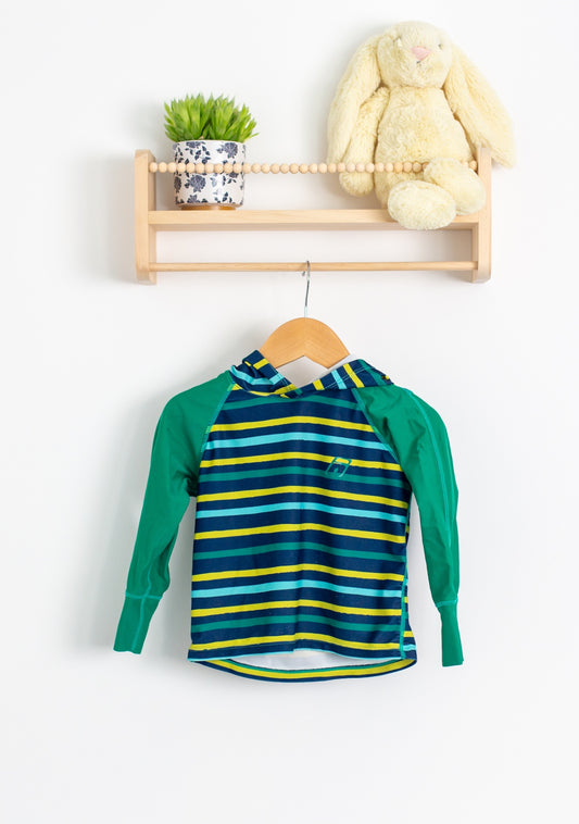 Level Six 3 Blue and yellow striped with green sleeves Hooded Rash Guard