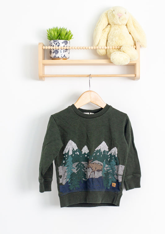 TenTree 3 Dark Green Winter Scenic Crew Neck Sweater