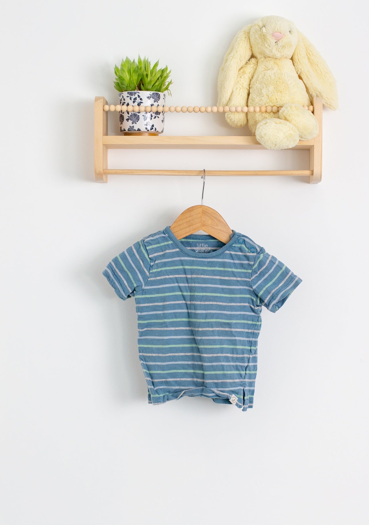 little planet 18M Blue with green and white stripes T Shirt - Whimsy