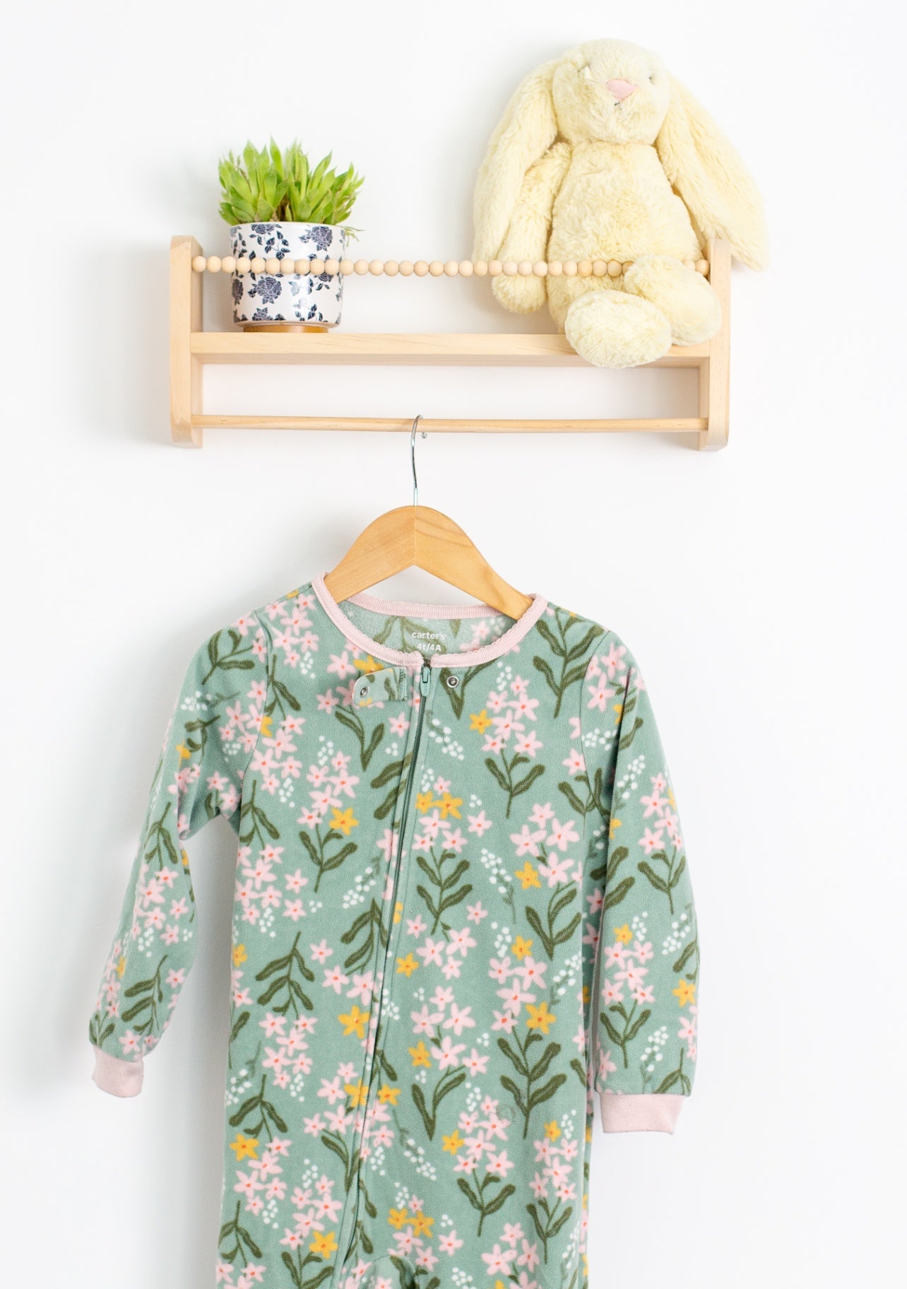 Carter's 4T Green with pink, yellow, and white floral pattern Fleece Sleeper - Whimsy